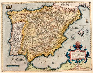Kuvaus Espanjasta. Maantieteellinen kartta Abraham Orteliuksen (1527-1598) "Theatrum Orbis Terrarumista" tekijältä Abraham Ortelius