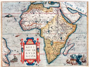 Kuvaus Afrikan mantereesta. Maantieteellinen kartta Abraham Orteliuksen (1527-1598) "Theatrum Orbis Terrarumista" tekijältä Abraham Ortelius