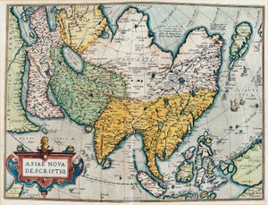 Aasian mantereen kuvaus, maantiedekartta "Theatre of the World"sta tekijältä Abraham Ortelius
