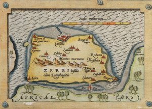 Yksityiskohta Zerbistä Välimeren saarten kartalta tekijältä Abraham Ortelius