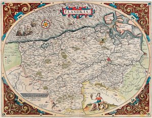 Flanderi Maantieteellinen kartta Flanderin alueesta Abraham Orteliuksen (Oertel, Ortell tai Ortel) "Theatrum Orbis Terrarumista" tekijältä Abraham Ortelius