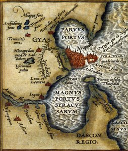 Entinen Syrakusan satama (Sisilia) - Abrahm Orteliuksen "" Atlasissa"" tekijältä Abraham Ortelius
