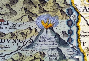 Hekla tulivuori Islannissa. Abraham Orteliuksen atlas, Amsterdam 1588. tekijältä Abraham Ortelius