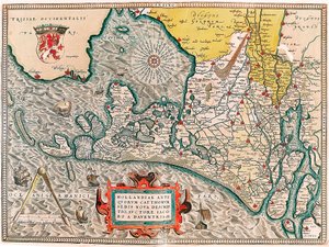 Uusi kuvaus Hollannin muinaisten kissojen istuimesta, Lacobos Daventria Maantieteellinen kartta Alankomaiden alueesta Amsterdamin ja Haarlemin kaupungeilla... otettu Abraham Orteliuksen "Theatrum Orbis Terrarumista" (Oertel, Ortell tai Orte tekijältä Abraham Ortelius