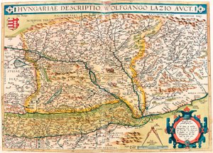 Unkarilainen kuvaus, Wolfgango Lazio Auct. Unkarin alueen maantieteellinen kartta Abraham Orteliuksen (Oertel, Ortell tai Ortel) "Theatrum Orbis Terrarumista" tekijältä Abraham Ortelius