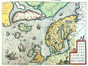 Irlanti, Iso-Britannia, Islanti, Norja, Ruotsi, Suomi, Grönlanti, Norja, Ruotsi, Suomi, Grönlanti. tekijältä Abraham Ortelius