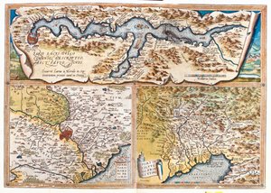 Comojärvi (Italia; alue: Lombardia), Rooma (Italia; alue: Lazio), Triestenlahti (Italia: Friuli-Venezia Giulian alue; Slovenia: perinteinen Slovenian Littoralin alue; Kroatia: Istrian maakunta). tekijältä Abraham Ortelius