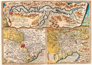 Larius Lacus Vulgo Juliuksen foorumin roomalainen alue. Pohjois-Italian maantieteellinen kartta Abraham Orteliuksen (Oertel, Ortell tai Ortel) "Theatrum Orbis Terrarumista" tekijältä Abraham Ortelius