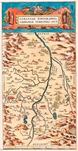 Limaniae-topografi Gabriele Symeoneo Avct Maantieteellinen kartta Loiren alueesta, jossa on linnat ja jokea reunustavat kaupungit (Beaumont, Aigueperse, Clermont ja Montferan (Montferrand), Beauregard, Cignac, Montaigu, Puy Guillaume...) otettu Theatrusta. tekijältä Abraham Ortelius