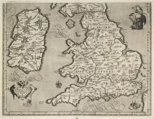 Englannin, Walesin ja Irlannin kartta, Theatrvm Orbis Terrarvm kirjoittanut Abraham Ortelius tekijältä Abraham Ortelius