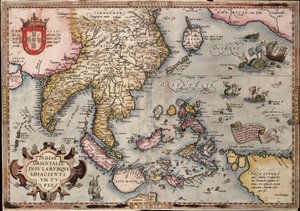 Orteliuksen Itä-Intian kartta, noin 1570 (värillinen kaiverrus). tekijältä Abraham Ortelius