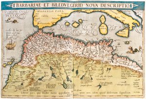Marokko, Algeria, Tunisia, Länsi-Libya, Länsi-Sahara, Mauritania, Senegal, Mali, Niger. tekijältä Abraham Ortelius