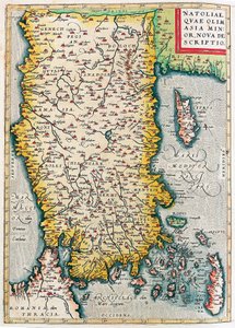 Natoliae, Quae Olim Vähä-Aasia Nova Descriptio Maantieteellinen kartta Vähä-Aasian alueesta (Istanbul ja Turkki, Rodoksen ja Kyproksen saaret) Abraham Orteliuksen (Oertel, Ortell tai Ortel) "Theatrum Orbis Terrarumista" tekijältä Abraham Ortelius