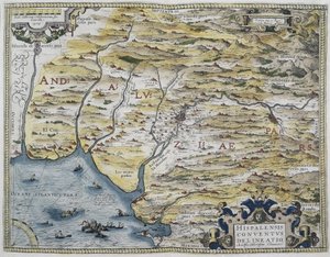 ORTELIUS, Abraham (1527-1598). Theatrum Orbis Terrarum. 1570. Sitä pidetään ensimmäisenä nykyaikaisena atlanttina. CHAVES, Jeronimo de (1523-1574). Matemaatikko, tähtitieteilijä ja merenkulkija. Länsi-Andalusian kartta. Perustuu Hieronimus Chiavesin kartta tekijältä Abraham Ortelius