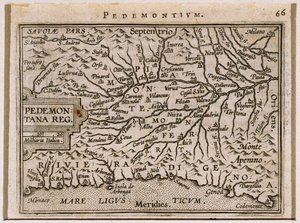 Piemonten ja Länsi-Ligurian alueet. Abraham Orteliuksen Theatrum Orbis Terrarumista tekijältä Abraham Ortelius