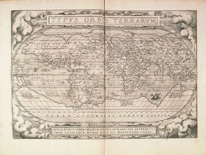 Planisfääri Abraham Orteliuksen Theatrum Orbis Terrarumista, painettu Antwerpenissä tekijältä Abraham Ortelius