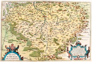 Böömin kuningaskunnan kuvaus Böömin alueen maantieteellisestä kartasta Abraham Orteliuksen (Oertel, Ortell tai Ortel) "Theatrum Orbis Terrarumista" tekijältä Abraham Ortelius