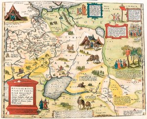 Kuvaus Venäjästä, Muskovista ja Tartaarista. Kirjailija Antonio Ienkenson Anglo, julkaistu Lontoossa vuonna 1562 Venäjän alueen maantieteellinen kartta Abraham Orteliuksen (Oertel, Ortell tai Ortel) "Theatrum Orbis Terrarumista" tekijältä Abraham Ortelius