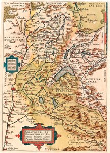 Sabaudia et Burgundiae Comitus kuvaus Burgundin ja Savoyn alueen kartta (Pontarlier, Dijon, Leman-järvi, Sveitsi) Abraham Orteliuksen (Oertel, Ortell tai Ortel) "Theatrum Orbis Terrarumista". tekijältä Abraham Ortelius