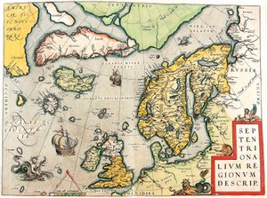 Kuvaus. Skandinavian ja Pohjois-Euroopan maantieteellinen kartta Abraham Orteliuksen (Oertel, Ortell tai Ortel) Theatrum Orbis Terrarumilta tekijältä Abraham Ortelius