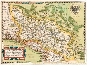 Silesia Typus Descriptio ja Descriptus ja julkaisija Martino Heilwid Neilsense, ja omistettu aatelismiehelle Nicolao Rhedingerille Anno 1561. Maantieteellinen kartta Frankfurtin eteläpuolisesta alueesta Saksassa Puolan lähellä Abraham Orteliuksen "Theatrum tekijältä Abraham Ortelius