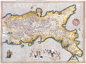 Etelä-Lazio, eteläinen Marche, Abruzzo, Molise, Campasnia, Apulia, Basilicata Calabria, Italia. tekijältä Abraham Ortelius