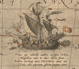 Victoria, espanjalainen carack, Ferdinand Magellans Armada de Moluccan alus. Aus Maris Pacific tekijältä Abraham Ortelius