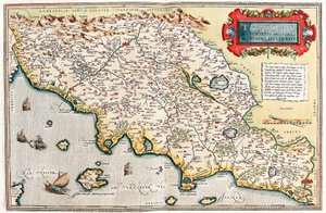 Suchciae Kuvaus kirjoittajalta Hieronymo Bellamarto Maantieteellinen kartta Toscanan alueesta Italiassa Abraham Orteliuksen (Oertel, Ortell tai Ortel) "Theatrum Orbis Terrarumista" tekijältä Abraham Ortelius