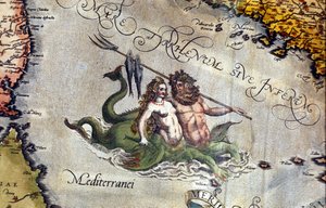 Triton ja Sirene Välimerellä. Abraham Orteliuksen "Theatrum Orbis Terrarum", Antwerpen 1584. tekijältä Abraham Ortelius