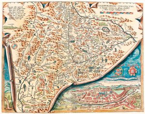Aito kuvaus Salzburgin kaupungista Itävallan Salsburgin alueen maantieteellinen kartta Abraham Orteliuksen (Oertel, Ortell tai Ortel) "Theatrum Orbis Terrarumista" tekijältä Abraham Ortelius