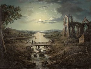 Kuutamoinen näkymä Tweed-joelle, Melrose Abbey etualalla ja hahmot sillalla