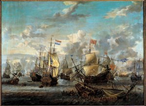 Toinen Englannin ja Neerlandin sota: "" Neljän päivän taistelu 11. - 14. 06. 1666"" Hän vastusti hollantilaisia laivastoja englantilaisia vastaan. Abraham Storckin (1635-1710) maalaus (ec.hol.) 1600-luvun Pariisi, Musee de la Marine tekijältä Abraham Storck