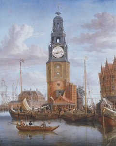 Näkymä Haringspacker Tower Amsterdamissa, jossa työ kellotaulu asettaa maalauksen, 1684 (paneeli) tekijältä Abraham Storck