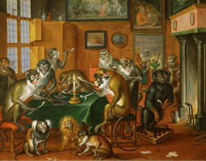 Tabakskollegium von Affen -Smoking party of monkeys ... (öljy kuparille)