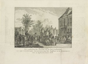 Kaupungin avainten luovuttaminen Louis Napoleonille, 1808 Amsterdamin kaupungin avainten esitys Hänen kuninkaalliselle Majesteetilleen Regthuisin edessä Diemermeerissa; 20. huhtikuuta vuonna 1808 (otsikko esineessä) tekijältä Abraham Vinkeles