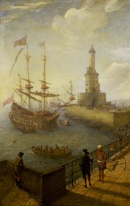 Espanjalainen kolmimastolaiva ankkuroituna Napolin (Italia) rannikolle, nähtynä kaupungin päällystetyltä laiturilta kohti majakkaa ja Välimeren sataman rakennuksia.