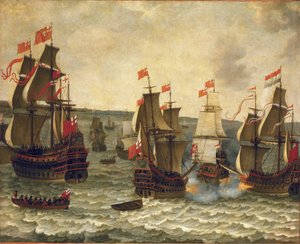 Hollantilaisten ja brittiläisten alusten välinen meritaistelu, ensimmäisen englantilais-hollantilaisen sodan (englantilais-hollantilainen sota) jakso 1652-1654. Abraham Willaertsin (1603-1669) öljy puulle.