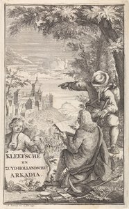 Traveler piirtää Kleven kaupungin Nimisivu: C. Bruin, Kleefsche ja Zuid-Hollandsche Arkadia (...), 1730 tekijältä Abraham Zeeman
