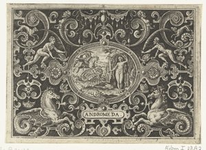 Cartouche: Perseus vapauttaa Andromedan ANDROMEDA (otsikko esineessä) tekijältä Abraham de Bruyn
