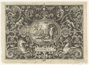 Cartouche: Perseus vapauttaa Andromedan Soikeat cartussit, joissa kohtauksia Perseuksen elämästä groteskien kehyksessä (sarjan nimi) Andromeda (otsikko esineessä) tekijältä Abraham de Bruyn