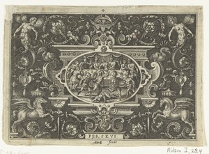 Cartouche: Phineus häiritsee Perseuksen ja Andromedan häät PERSEUS (otsikko esineessä) Soikeat cartussit, joissa kohtauksia Perseuksen elämästä groteskien kehyksessä (sarjan nimi) tekijältä Abraham de Bruyn