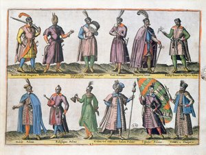 Unkarin ja Puolan sotilaspuku 1500-luvulla, Antwerpenissä vuonna 1581 julkaistusta "Euroopan, Aasian, Afrikan ja Amerikan eri kansojen puvut"
