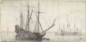Purjelaivoja seisovassa vedessä lähellä rannikkoa tekijältä Abraham de Verwer (possibly)