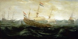 Hollantilainen laiva, joka purjehtii hyvin myrskyisellä merellä ja kulkee pienemmillä purjeilla, jolloin tuuli ryntää sisään. Abraham de Verwerin (noin 1585-1650) öljy kuparille, noin 1625. tekijältä Abraham de Verwer