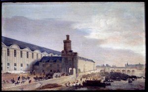 Näkymä Porte Neuvelle ja Galerie du Louvrelle noin 1640 Entrée du Louvresta Seinen rannalla. Abraham de Verwerin (1600-1650) maalaus 1640 Dim. 0,37 x 0,59 m Pariisi, Musee Carnavalet