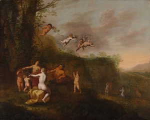 Bacchus ja nymfit maisemassa, luultavasti 1640-luku. tekijältä Abraham van Cuylenborch