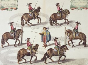 Newcastlen markiisi antaa kapteeni Mazinille ratsastustunnin, levy 15 William Cavendishin (1592-1676) Newcastlen markiisi teoksesta The Method and New Invention of Dressing Horses, kaiverrettu Lucas Vo