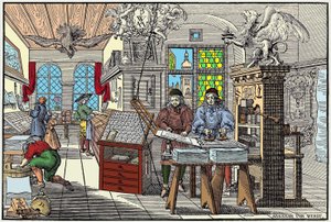 Nürnbergin painotehtaan sisustus Saksassa: työläiset töissä, 1600-luvun alku - grav. Kirjailija: Abraham van Werdt tekijältä Abraham van Werdt