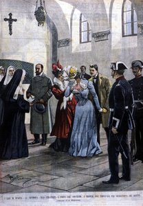 Madridissa nuori nainen, Mademoiselle Ubao, revitään nunnan elämästä luostarissa, jossa hän oli jesuiitojen ehdotuksesta. Beltramen kuvitus. Domenica del corriere. 1901. tekijältä Achille Beltrame