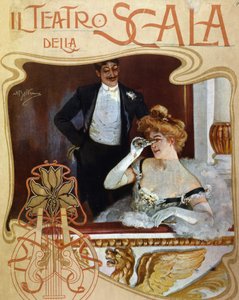 Pari paikkaa Teatro alla Scalan pukuhuoneessa. Nuori nainen tarkkailee kohtausta kiikareilla. Kuvitus Achille Beltrame. tekijältä Achille Beltrame
